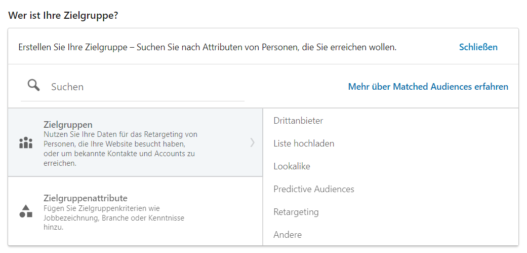 Screenshot der LinkedIn-Werbeanzeigen-Oberfläche, die die Erstellung von Zielgruppen für Retargeting und die Auswahl von Attributen für die Zielgruppenansprache zeigt.
