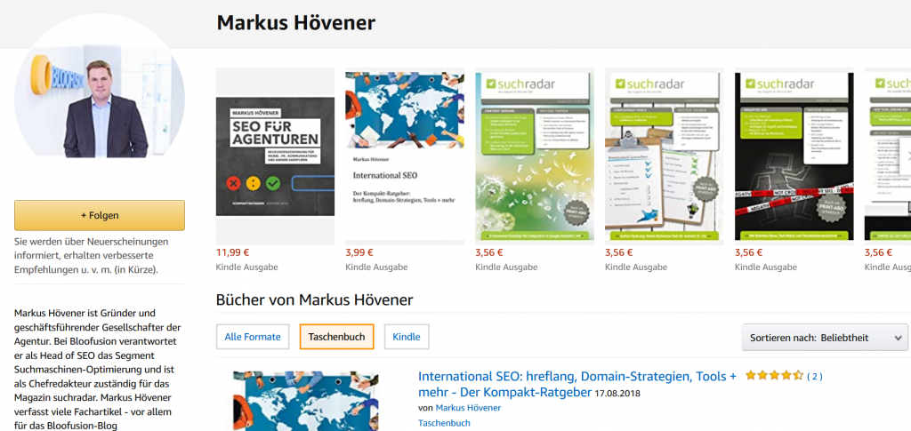 Screenshot einer Amazon-Seite von Markus Hövener, Gründer von Bloofusion. Es zeigt sein Profil mit einem Bild sowie eine Übersicht seiner Bücher, darunter "SEO für Agenturen" und "International SEO". Die Bücher sind als Kindle-Ausgaben und Taschenbuch verfügbar.