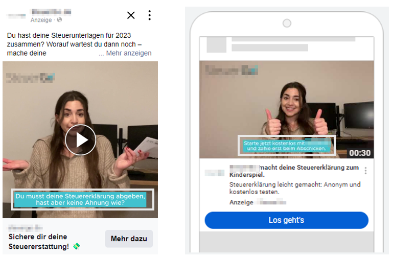 Zwei Social-Media-Anzeigen einer Steuer-App: Links eine Frau mit überraschter Geste und dem Text „Du musst deine Steuererklärung abgeben, hast aber keine Ahnung wie?“; rechts dieselbe Frau mit zwei Daumen hoch und dem Text „Starte jetzt kostenlos mit und zahle erst beim Abschicken“.