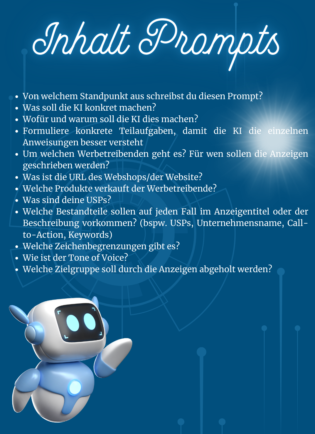 Grafik mit dem Titel „Inhalt Prompts“. Auf blauem Hintergrund sind 13 Leitfragen aufgelistet, die beim Erstellen von KI-Prompts für Werbeanzeigen helfen – zu Ziel, Aufgaben, Produkten, USPs, Tonalität, Zielgruppe und Zeichenbegrenzung. Unten links ist ein lächelnder Roboter zu sehen, der nach oben zeigt.