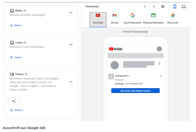 Screenshot aus Google Ads mit der Vorschau einer YouTube-In-Feed-Anzeige. Es werden Optionen zum Hinzufügen von Bildern, Logos und Videos angezeigt, um die Anzeige zu gestalten.