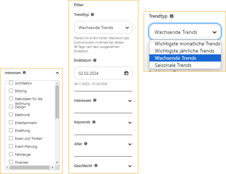Screenshot der Filtereinstellungen in Google Trends. Hier werden wachsende Trends mit hohem Suchvolumen der letzten 90 Tage und verschiedenen Interessenbereichen angezeigt.